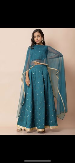 Size M/L Indian Skirt And top Outfit Teal Gold  Ethnic Desi Festive Lehenga
