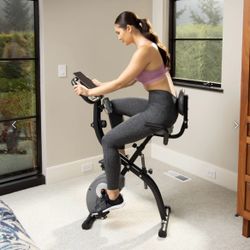 B22 $80  R8 Foldable Exercise Bike w. Upper Body Resistance  Product Features Dimension: 27.8"D*14.9"W*45.6"H 8 levels of resistance Cushioned backres