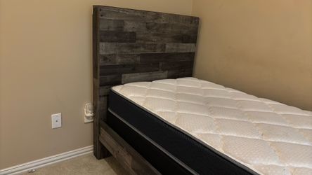 Dark Rustic Wood Twin Bed + Mattress