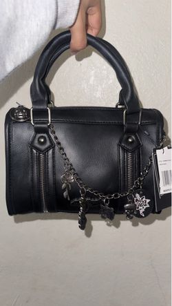 Black Leather Mini Barrel Handbag with Charms