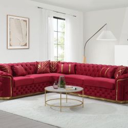 NEW VELVET GOLD SECTIONAL SOFA ! AVAILABLE IN BLUE AND RED ! FREE LOCAL DELIVERY 