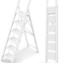 6 Step Ladder, Lightweight Folding ladders with Wide 6 step, White