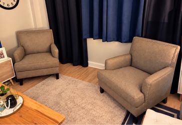 Pair of Taupe Accent Chairs with Nailhead Trim