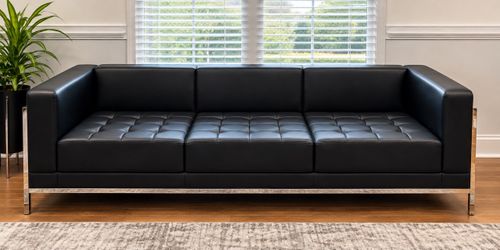 Modern Executive Office Sofa – Black Tufted 3-Seater with Chrome Frame