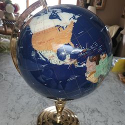 VINTAGE Lapis Stone Gem Art World Globe Brass Inlaid Gemstone 