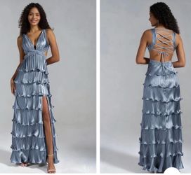 Blue Satin Tiered Ruffle Maxi Gown Aw bridal $55 size 0-2-4