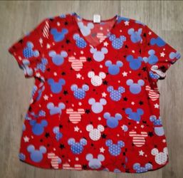 Disney Mickey Mouse Patriotic Stars V Neck Medical Scrub Top Women's Size 2XL