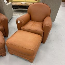 Orange Leather Chair w/ Ottoman (5b)