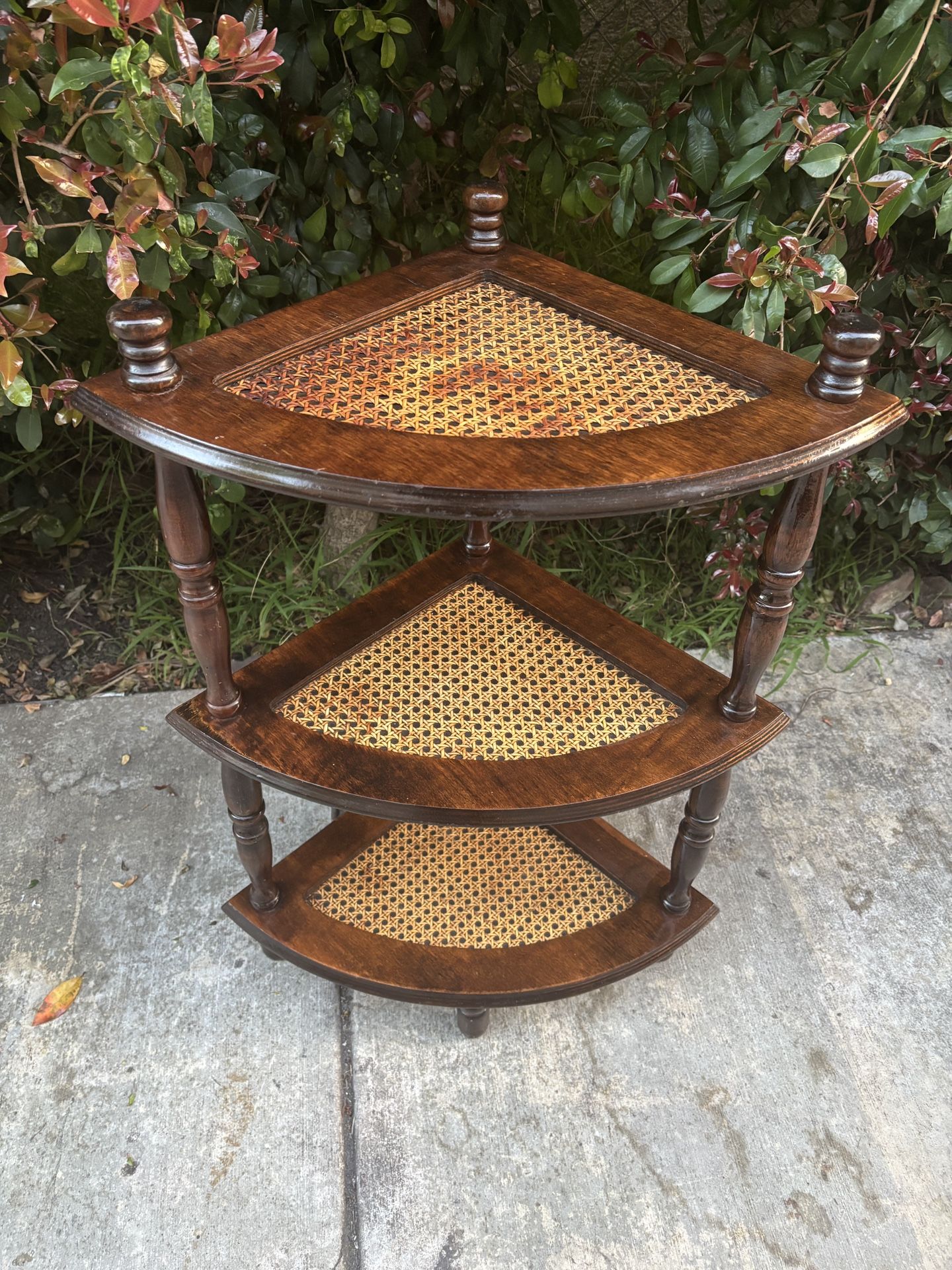 Vintage French Corner Triple Shelf Rattan Cane Wooden Pedestal Stand