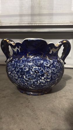 Blue and White Floral Ceramic Vase with Handles