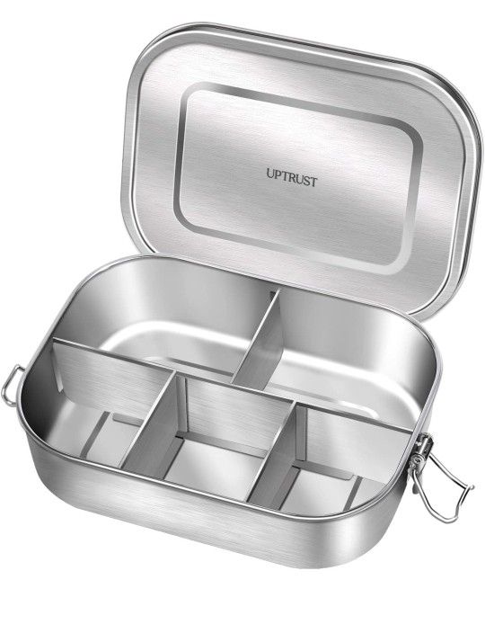 Stainless Steel Bento Lunch Food Box Container, 5-Compartment Large 1400ML Metal Bento Lunch Box Container for Kids or Adults with Lockable Clips to L