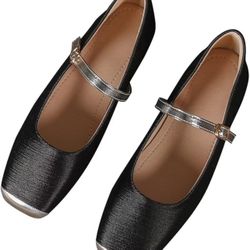 9 size Stunner Mary Jane Square Toe Black Ballet Flats for Women - Comfortable Ankle Strap Casual Slip On Flats