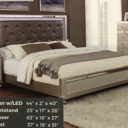 New LED King Size Bedroom 4pc Set LED King Bed,LED Mirror,dresser,nightstand 