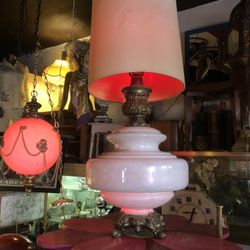 Amazing Vintage Table Lamp Pearlescent Pink Light Up  Aurora Borealis  Glass Base  And regular Bulb In Top