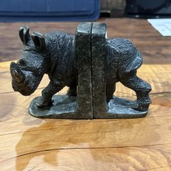 Hand-Carved Rhino Stone Bookends • Heavy 2-Piece
