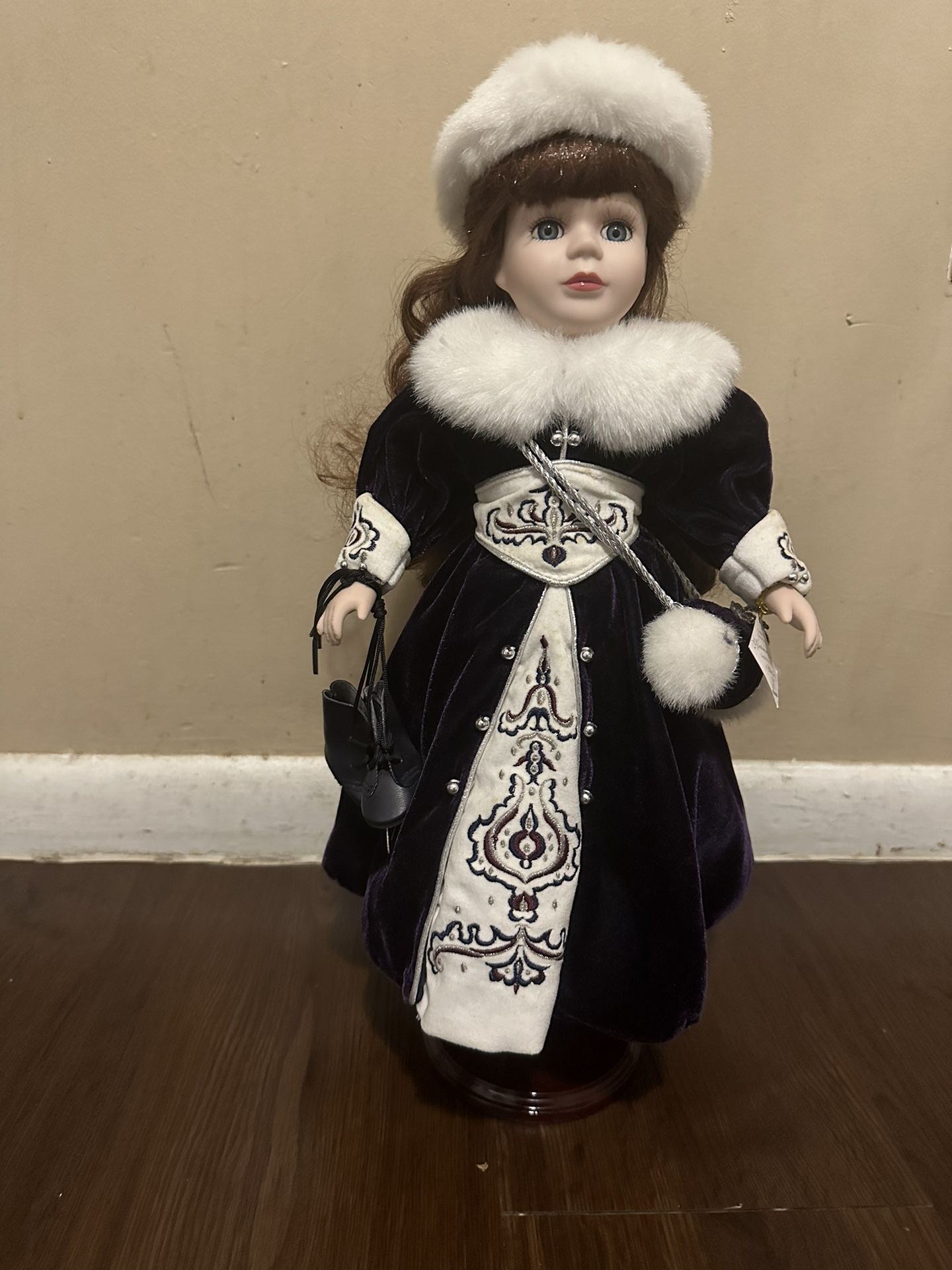 Vintage Porcelain Ice Skater Doll w/ ice skates and hand muff -
