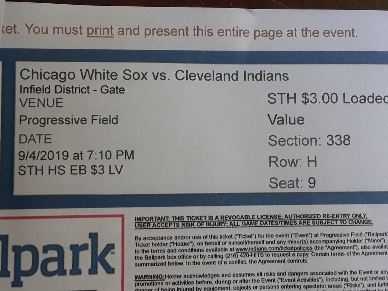 2 club seats for Cleveland Indians vs Chicago White Sox for tonight. 9/4/2019