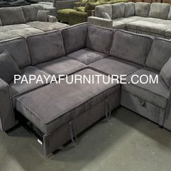 EASY FINANCING AVAILABLE! New! Dark Grey Sectional Sofa Bed, Sofabed, Sectional Aofa With Pull-out Bed, Corduroy Sectional, Sofas, Couch, Sleeper Sofa