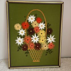Vintage Crewel 1970s Embroidered Framed Artwork Retro Home Decor 70s 