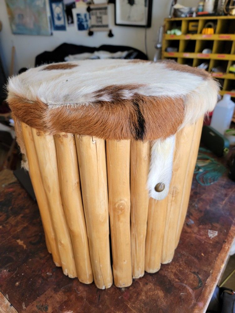 Cow Hide Topped Wooden Stool