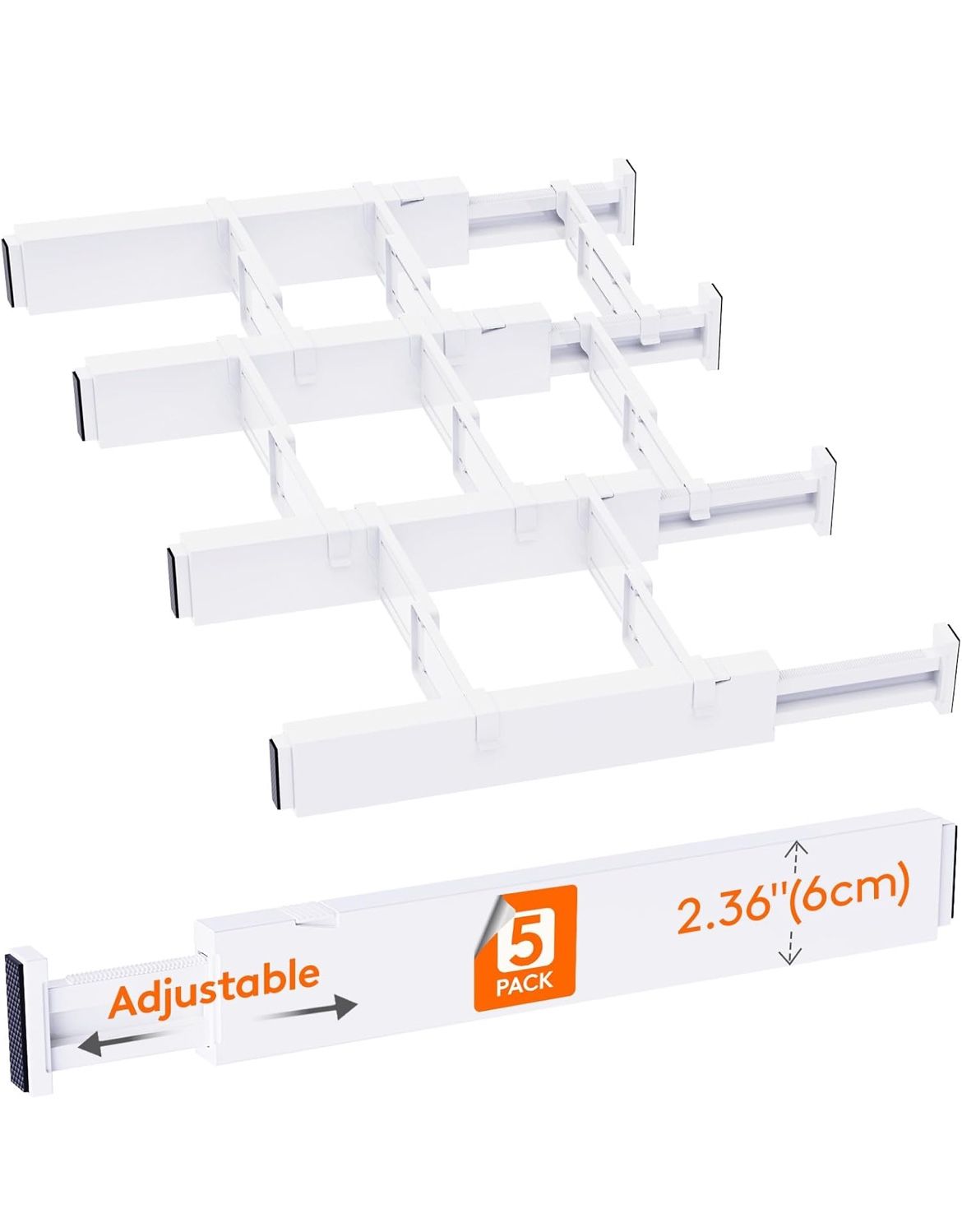 Lifewit 5 Pack Drawer Dividers 2.36" High, 16"-22" Adjustable Drawer Organizer with 8 Inserts for Utensils/Clothes/Makeup, Plastic Expandable Separato