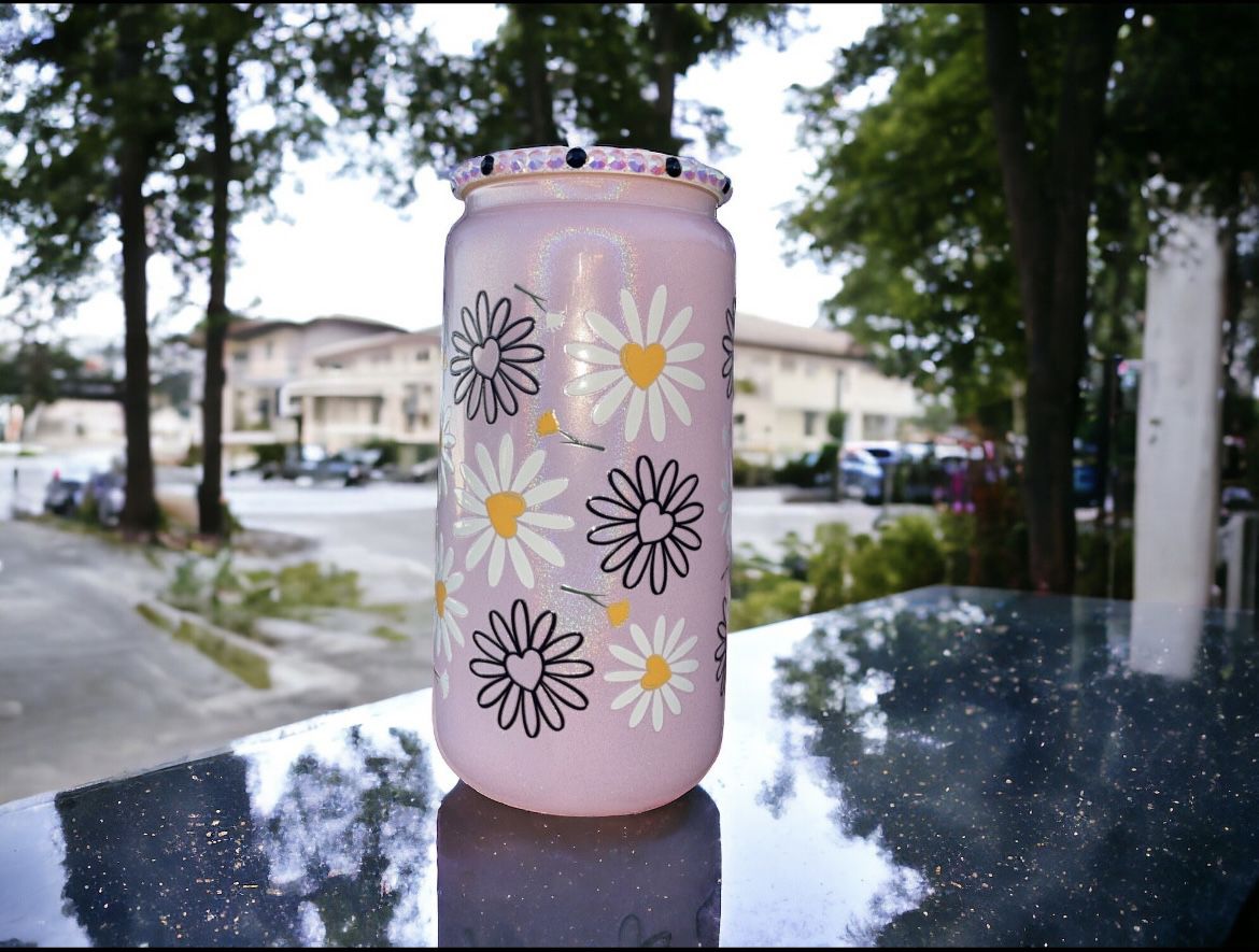 Pink Shimmer Daisy Glass Cup