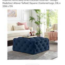 Navy Linen Cocktail Ottoman - Design: Madeline | Allover Tufted | Square | Castered Legs, 33L x 33W x 17H
