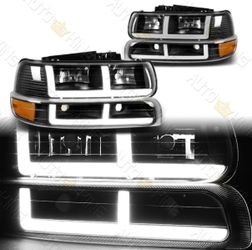 00-06 Chevy Tahoe Silverado Black Amber Reflector LED Bar Headlights Parking Lights