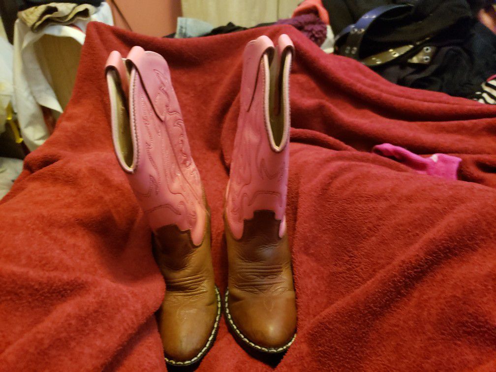 OLD WEST REAL LEATHER BROWN & PINK COWGIRL BOOTS (0(contact info removed))