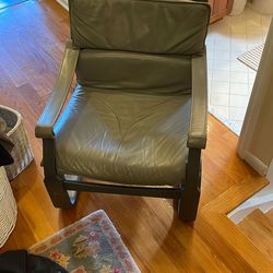 Large Grey Leather And Wood Mid Century Vintage Chair