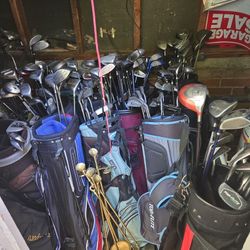 over 12 sets of golf clubs. everything goes lots of extra putters drivers and fairway woods and a brand new top flight bag