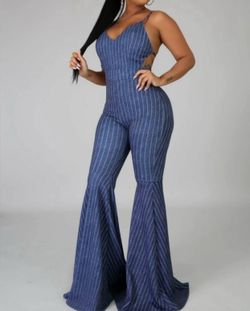 Women’s Goodtimeusa Brand Blue And White Striped Bae Jumpsuit Size Medium