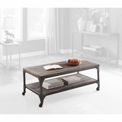 Rustic Coffee Table, Metal Legs + Wheels