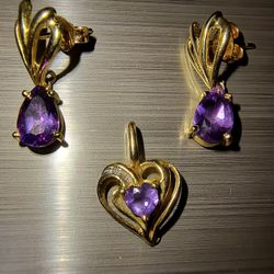 14KT Amethyst Earrings & 10KT Amethyst & Diamond Pendant 