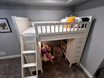 Pottery Barn White Loft Bed with Storage, Desk, Bookshelf (and ability to slide a second twin bed underneath)