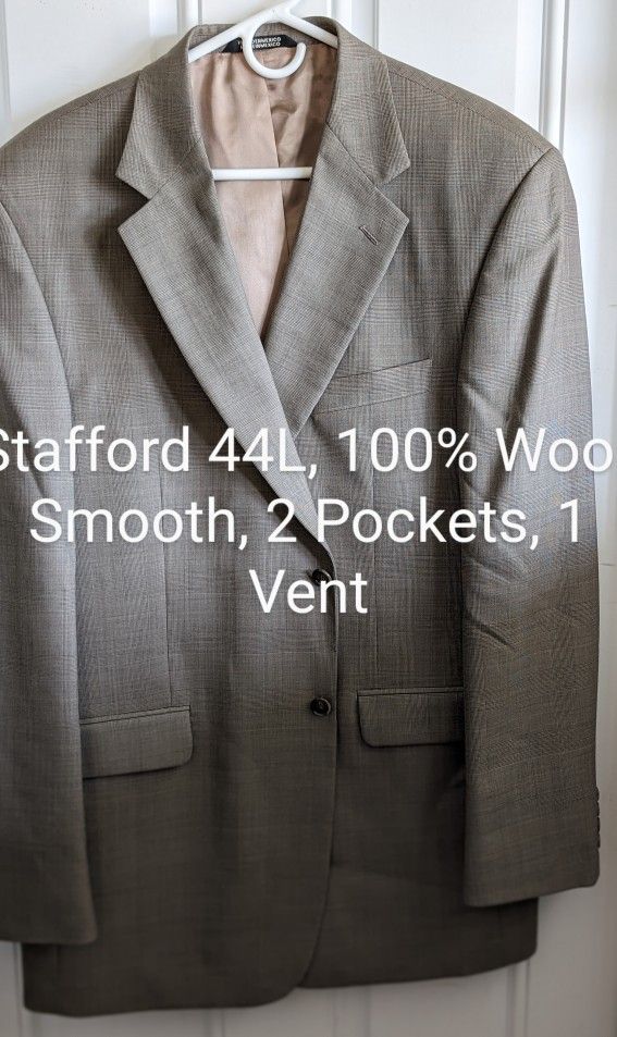 Mens Stafford Tan 44L Suit Coat Jacket. Very Nice 100% Wool, Smooth Feel, 1 Vent