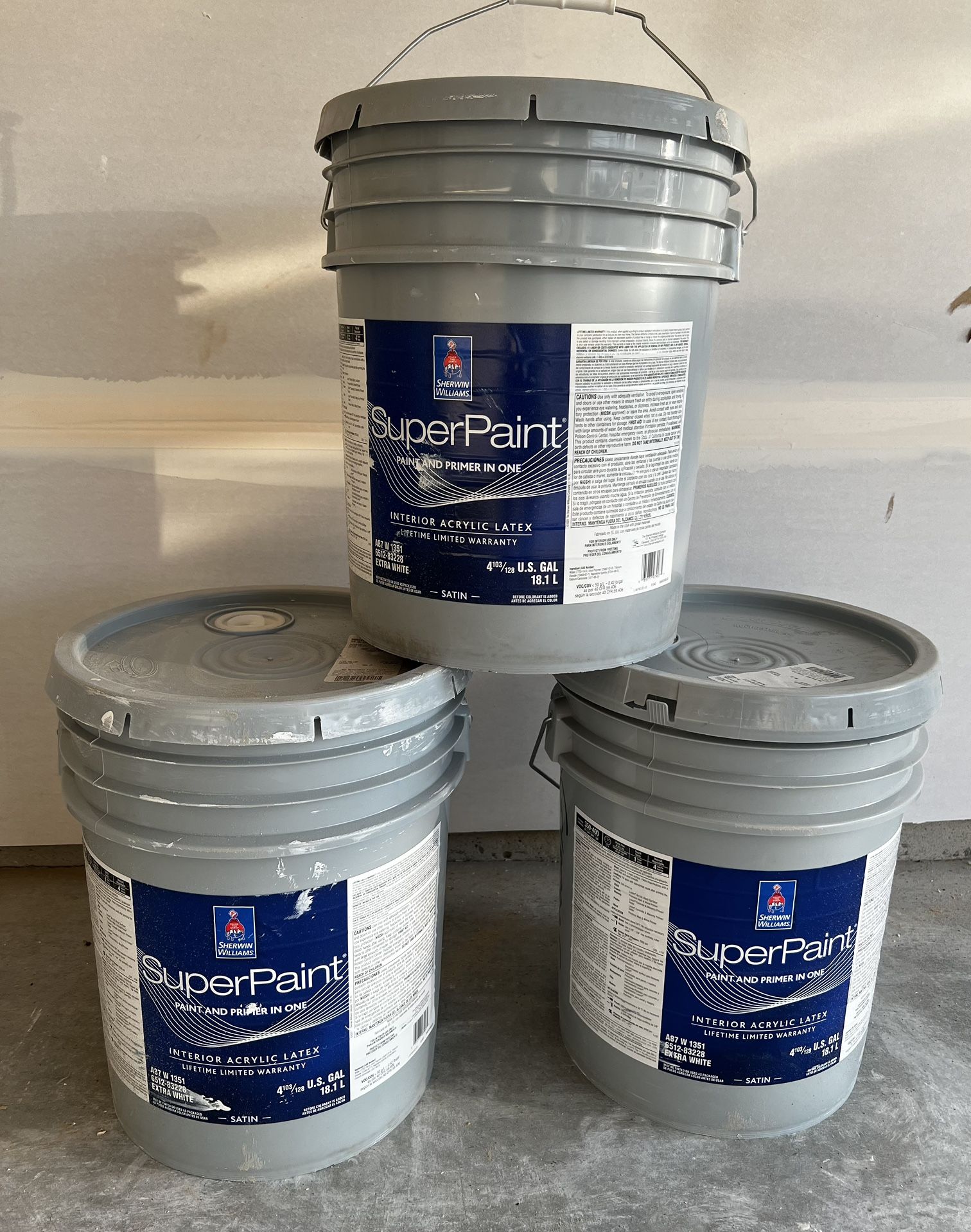 Superpaint And Primer In One. Pure White. Satin. Opened, But Full Fresh Buckets