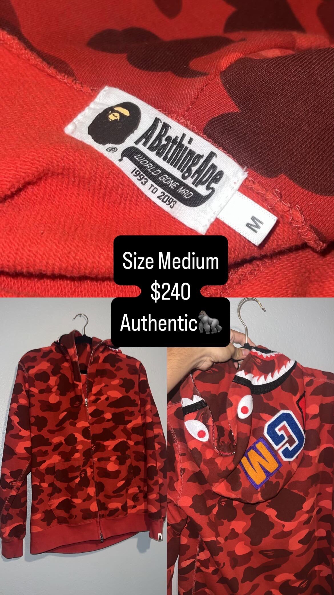 Bape ABC Camo Red Shark Full zip Hoodie Size Médium