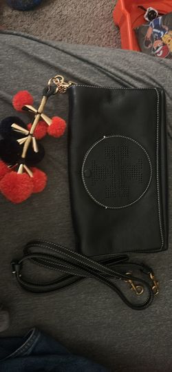 Tory Burch Perforated logo Fold over Crossbody Bag Clutch BLACK