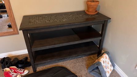 Dark Wood Console Table w/ Shelves & Tile Top