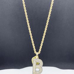 14k  Gold Rope Chain 3mm  and  initial B pendant with baguette Diamond  💎💎, Necklance gold pendant