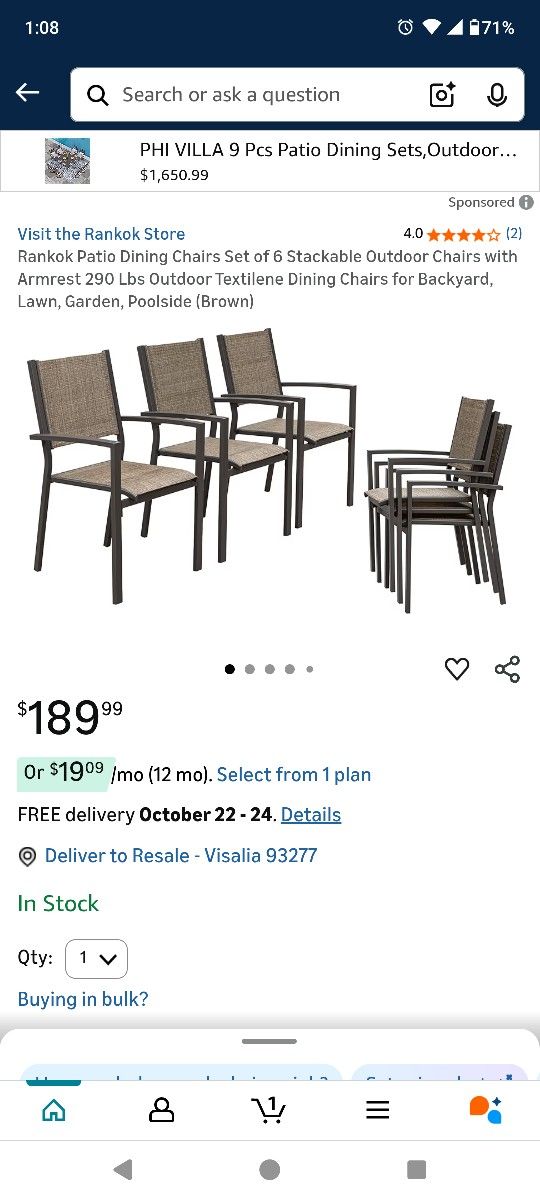 Rankok Patio Dining Chairs Set of 6 Stackable Outdoor Chairs with Armrest 290 Lbs Outdoor Textilene
