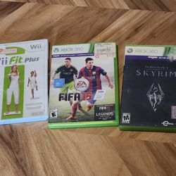 Wii Fit Plus, XBOX 360 Fifa 2015, and XBOX 360 SKYRIM