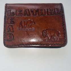 Handmade Vintage Brown Genuine Leather Wallet Bifold Animal Engraving USA VTG