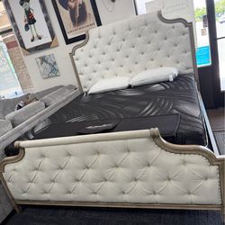 Pretty White and Brown Tuft Queen Bed Frame - King Available - SAME DAY DELIVERY - No Credit Needed