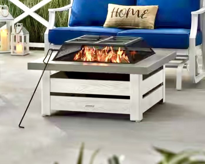 NEW Wood Fire Pit W/ Concrete Tile Top, 34 in Square Steel White Washed !