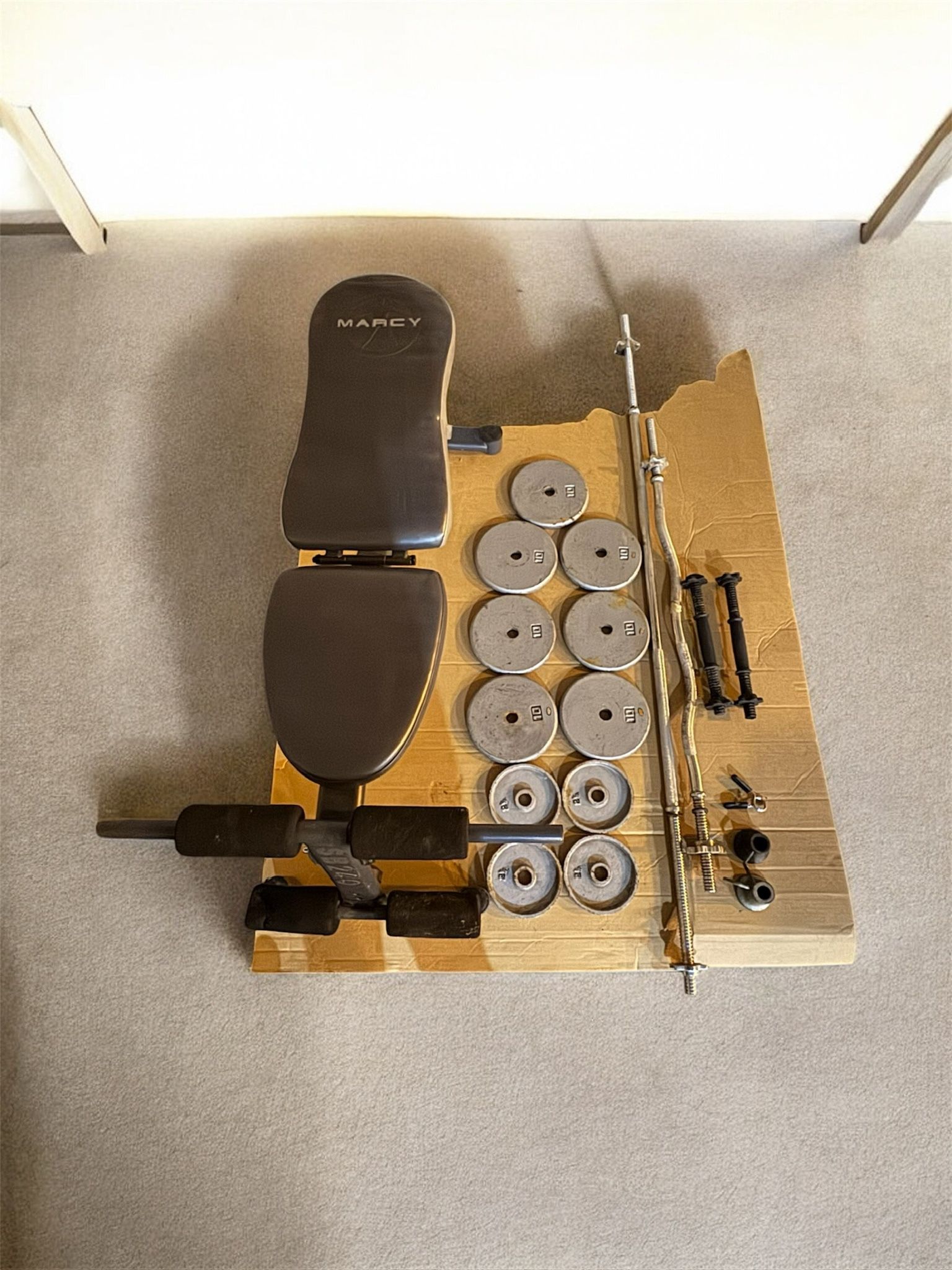 Weight plates , bars , adjustable bench , free weights