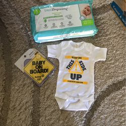 Baby Bundle New Size 1 Diapers, Onesie, Baby On Board Sign