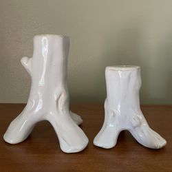 Set Of 2 Ceramic Tree Trunk Taper Candle Holders