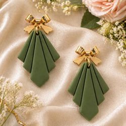 Green Fan Handmade Polymer Clay Earrings